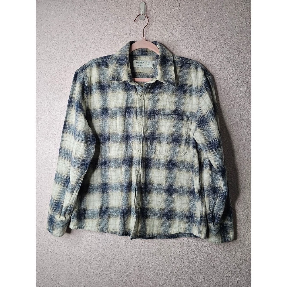 Hollister Relaxed Fit Flannel Shirt Mens XS Blue Cream Plaid Long Sleeve Cotton